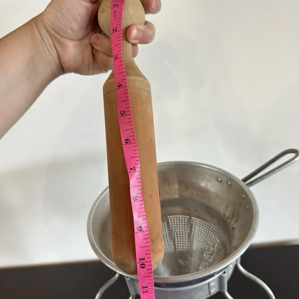 Vintage Aluminum Wear-Ever Sieve Cone Strainer Wood Pestle w/ Stand Canning